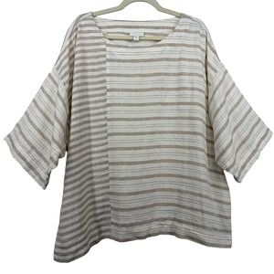 Pure Jill 100% Linen Size L Asymmetrical Boxy Top Cream Neutral Stripe Lagenlook